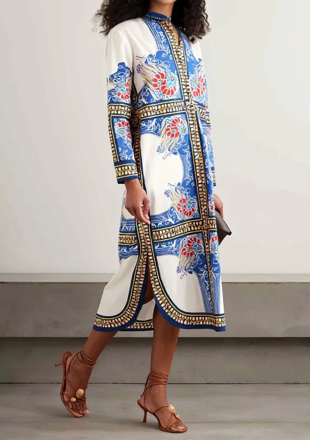 Elegant Bohemian Print Shirt Midi Dress