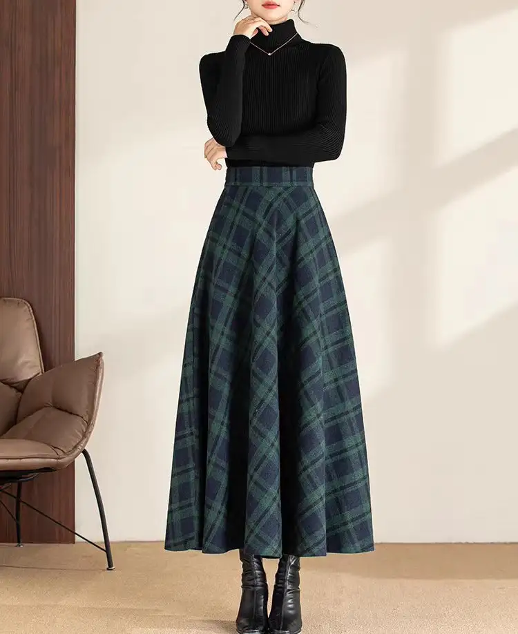 Relaxed Plaid Wool A Line Maxi Skirt
