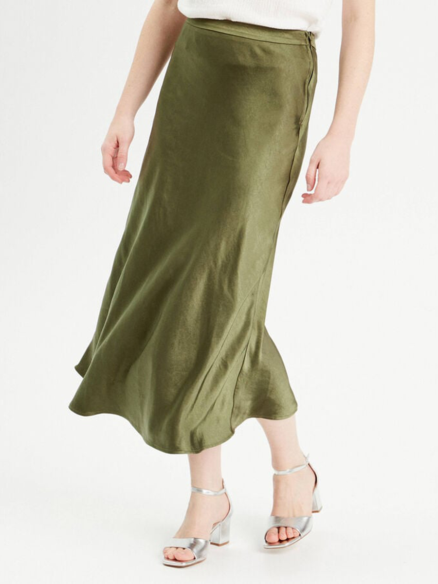 Jupe midi droite satin vert kaki femme