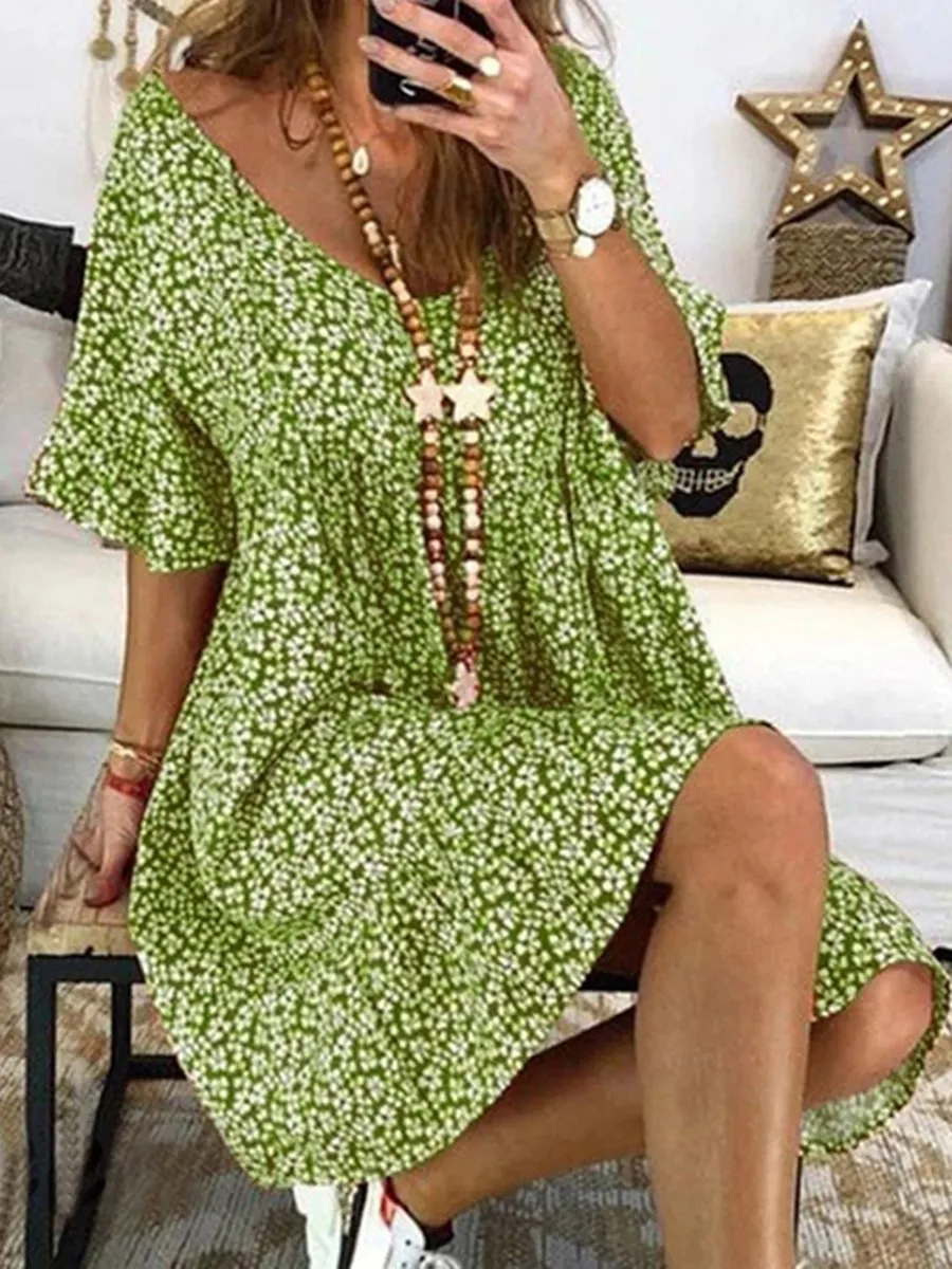 Summer Floral Print V-neck Flare Sleeve Dress