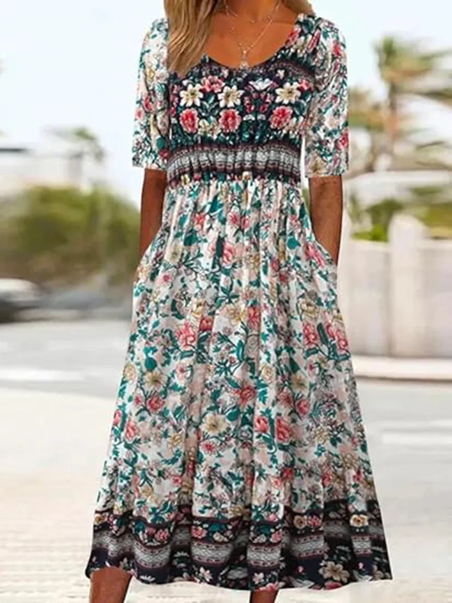 Bohemian Printed Round Neck Short Sleeve Dress