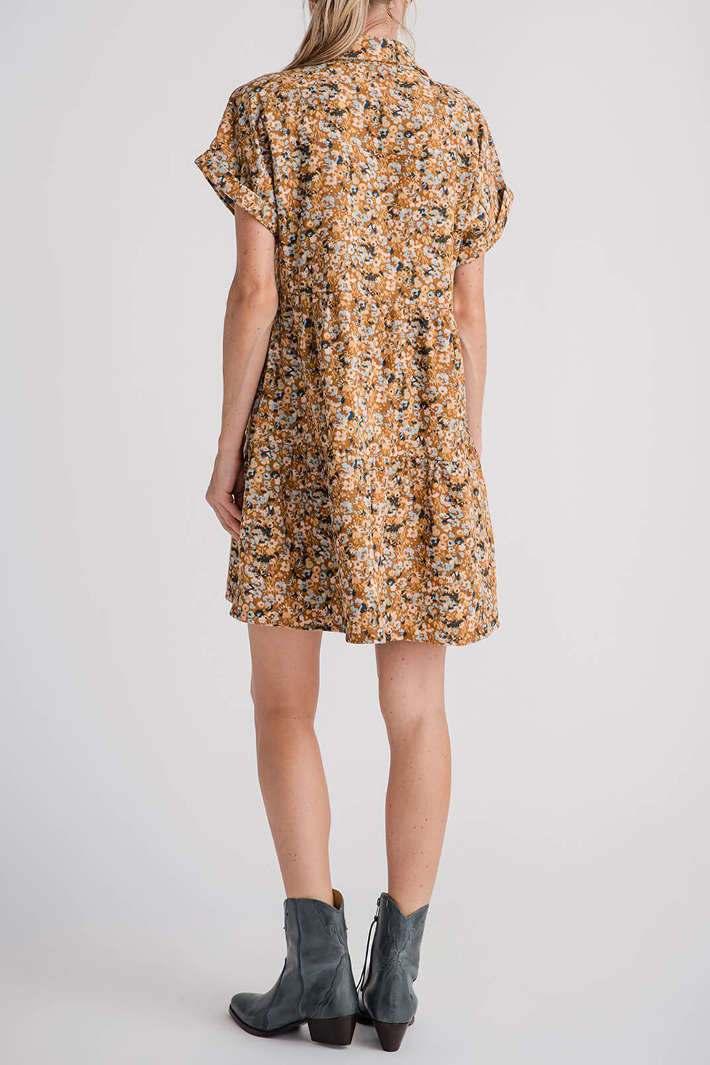 Wishlist Floral Corduroy Tiered Mini Dress - mustard combo