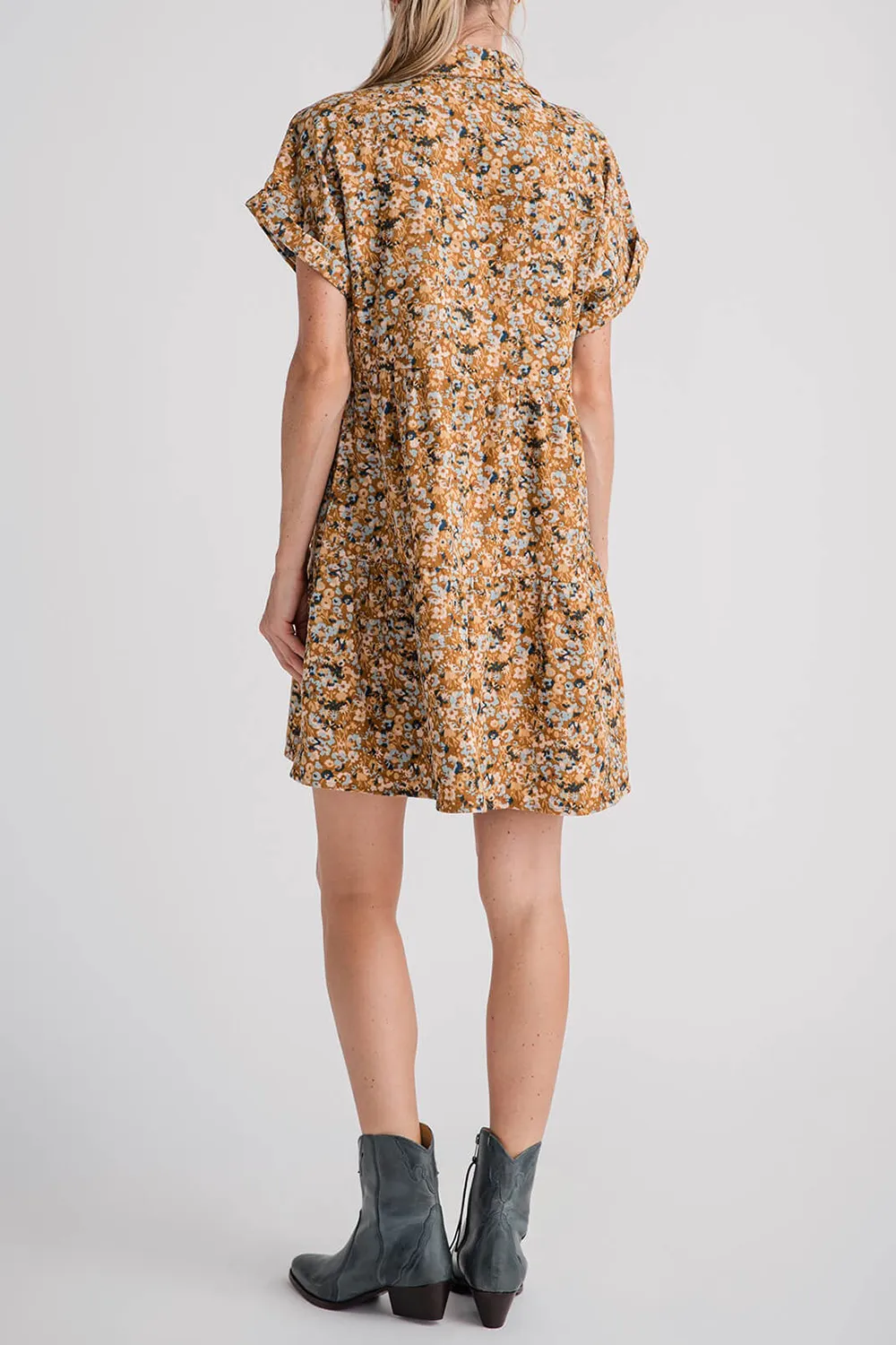Wishlist Floral Corduroy Tiered Mini Dress - mustard combo