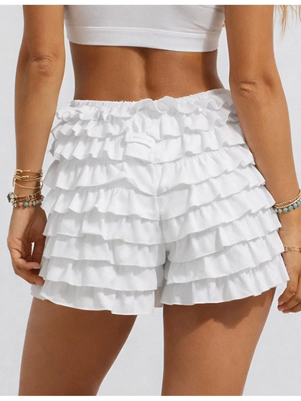 Tiered Ruffle Solid Color Elastic Waist Mini Shorts