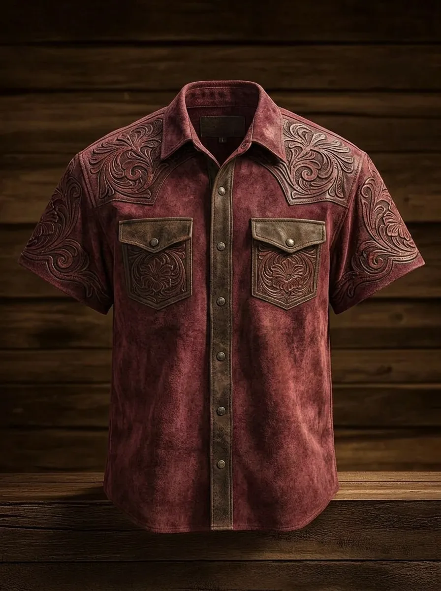 Men's Western Cowboy Floral Embossed Printed Shirt