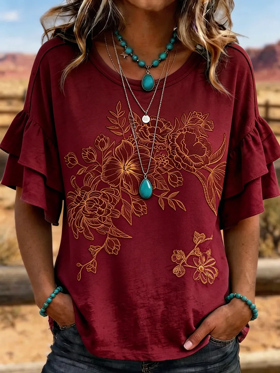 Women's Ombre Floral Embroidered Ruffle Sleeve Western Top