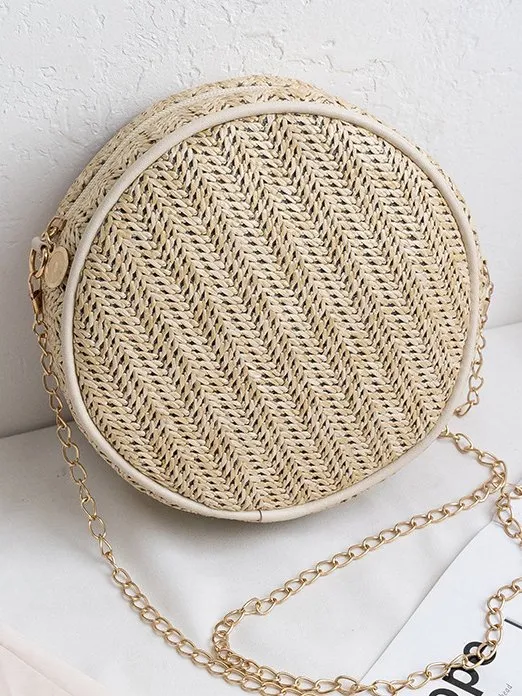 Urban Casual Straw Woven Round Messenger Bag Vacation Women's Shoulder Bag