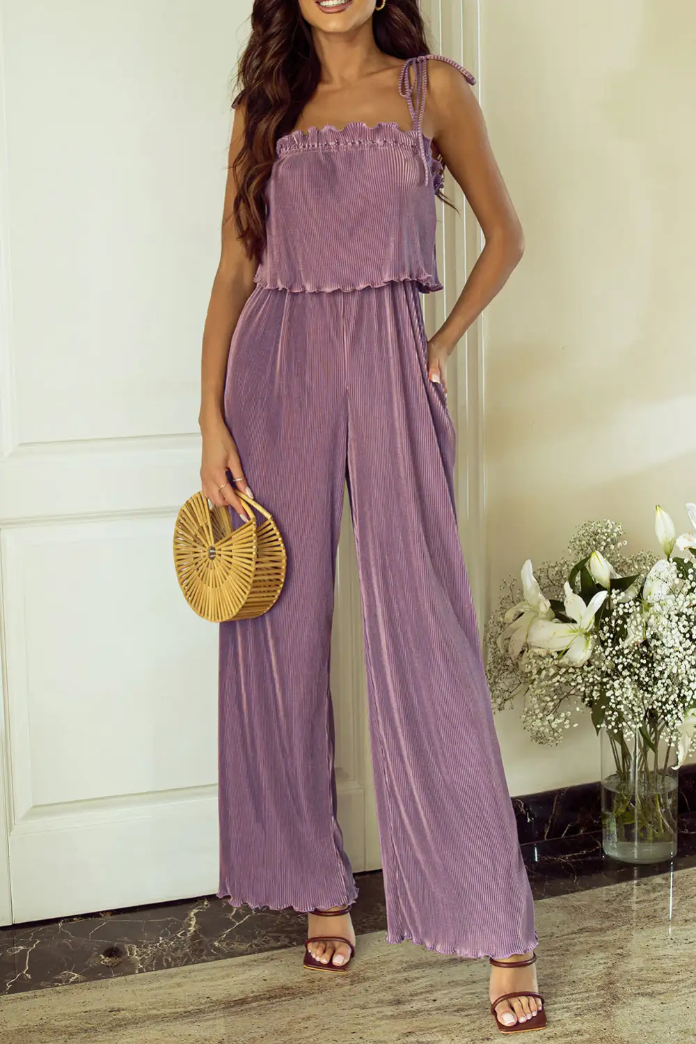 Self Tied Straps Pleated Wide Leg Jumpsuit