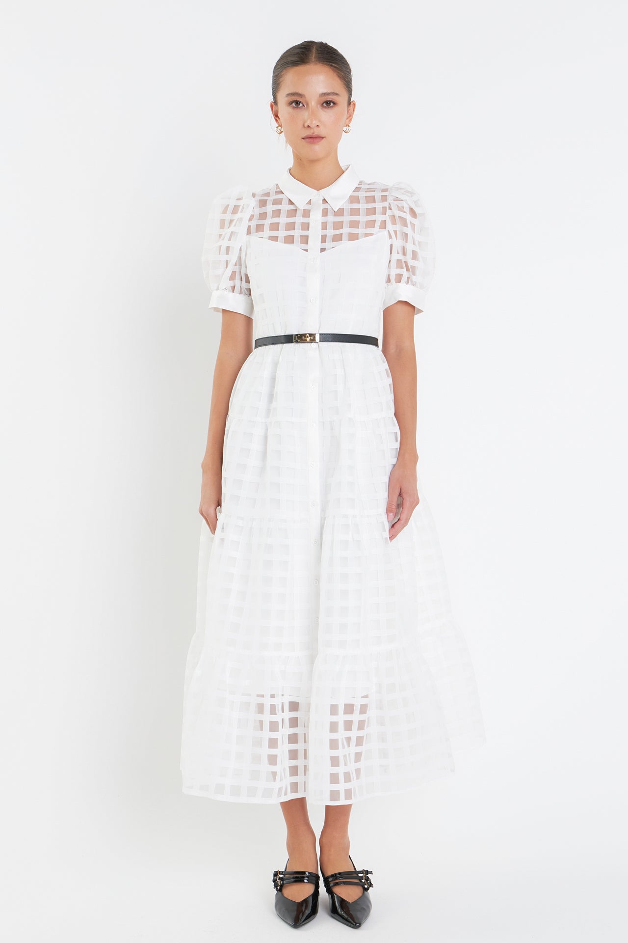 Gridded Organza Tiered Maxi Dress