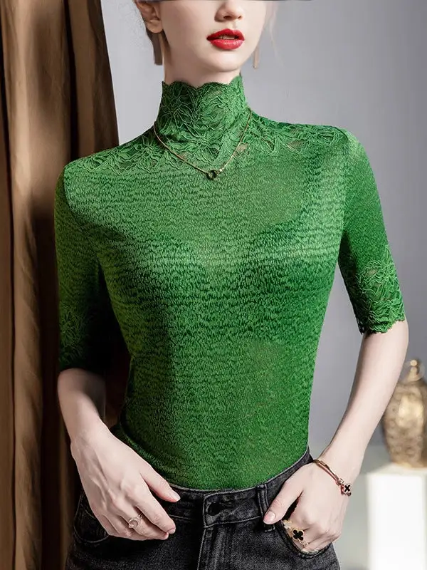 Layered Look Half Sleeve Slightly Sheer Panel Detail Textured High Neck T-Shirt
