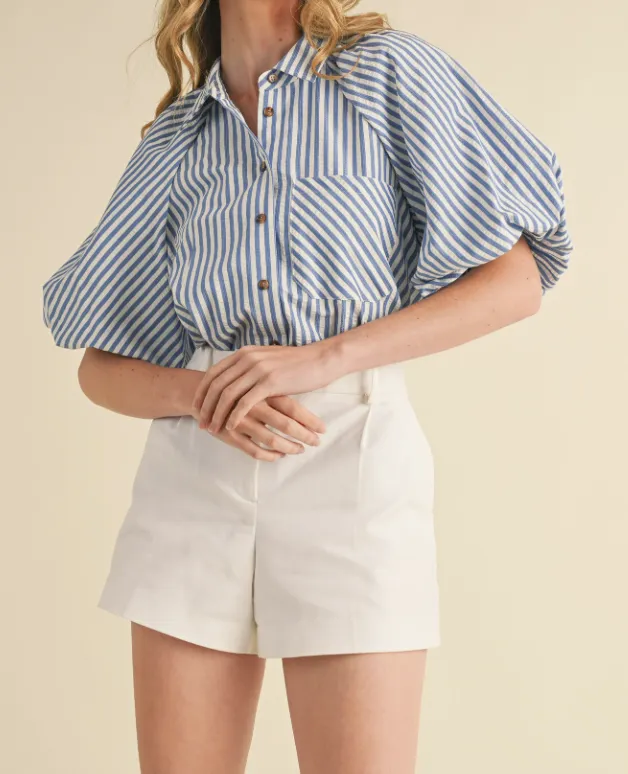 Striped Bubble Sleeve Button Front Top