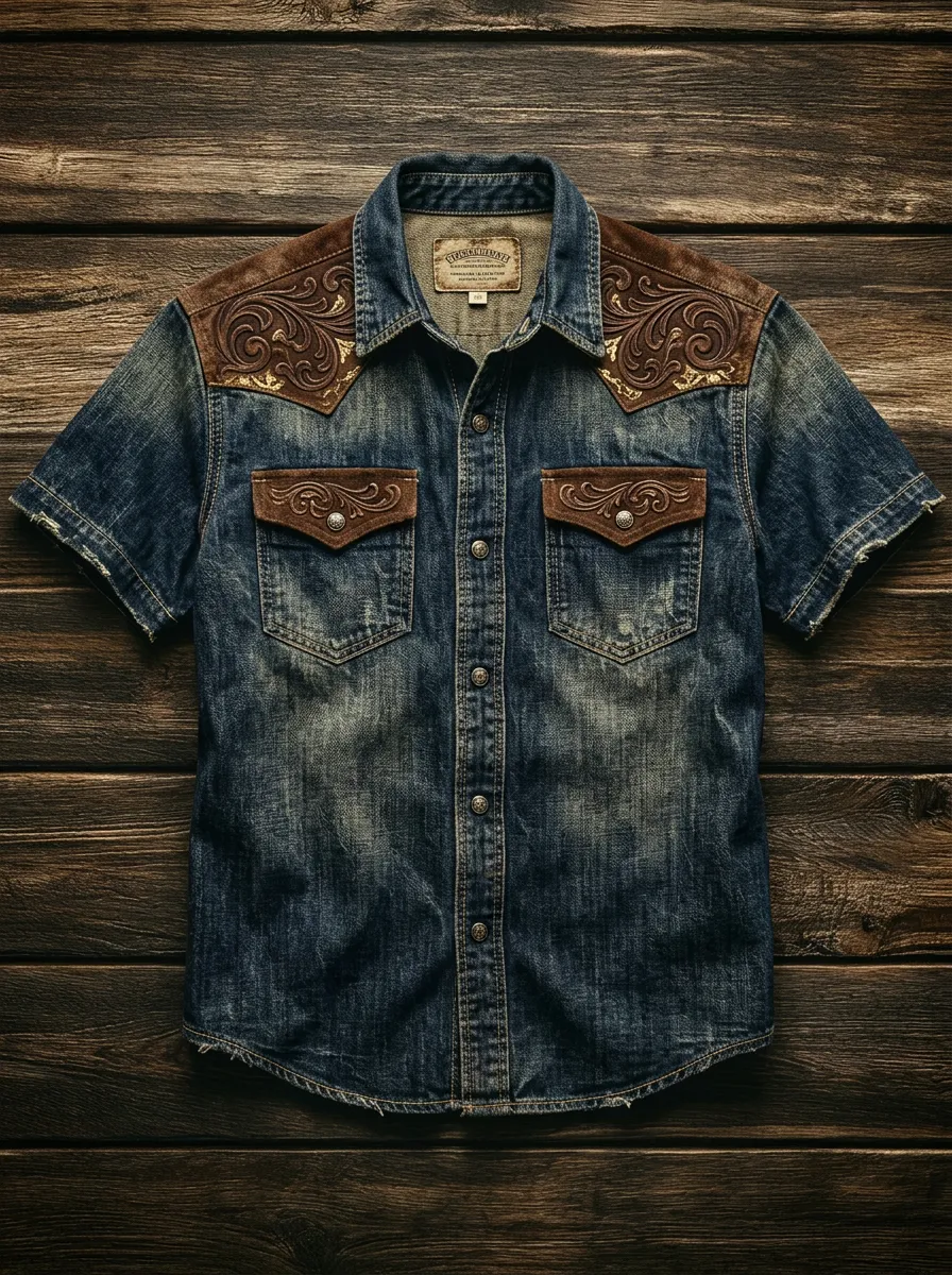 Men's Western Style Floral Leather Patchwork Printed Shirt