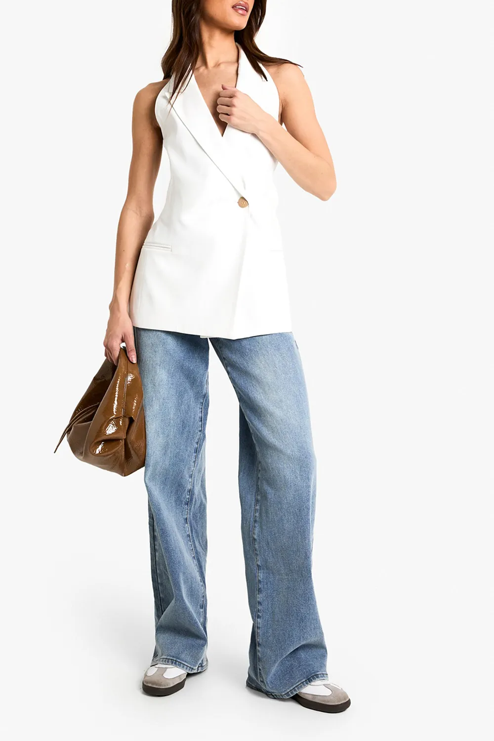 Long Deep V-neck White Vest for Ladies