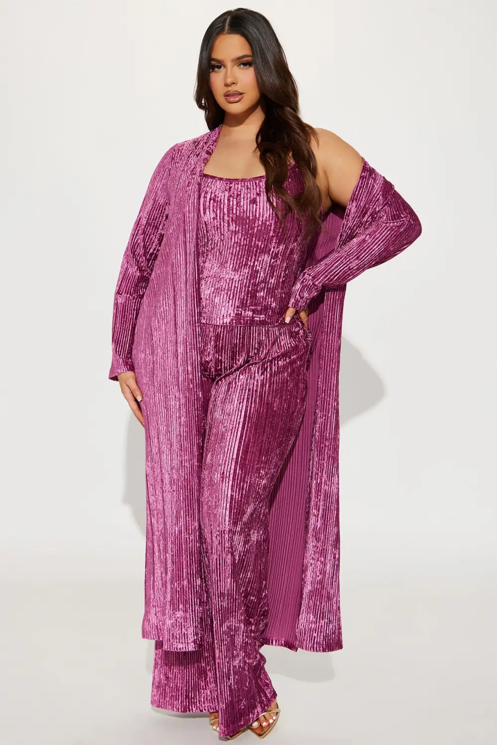 Carrie 3 Piece Velvet Plisse Pant Set - Plum