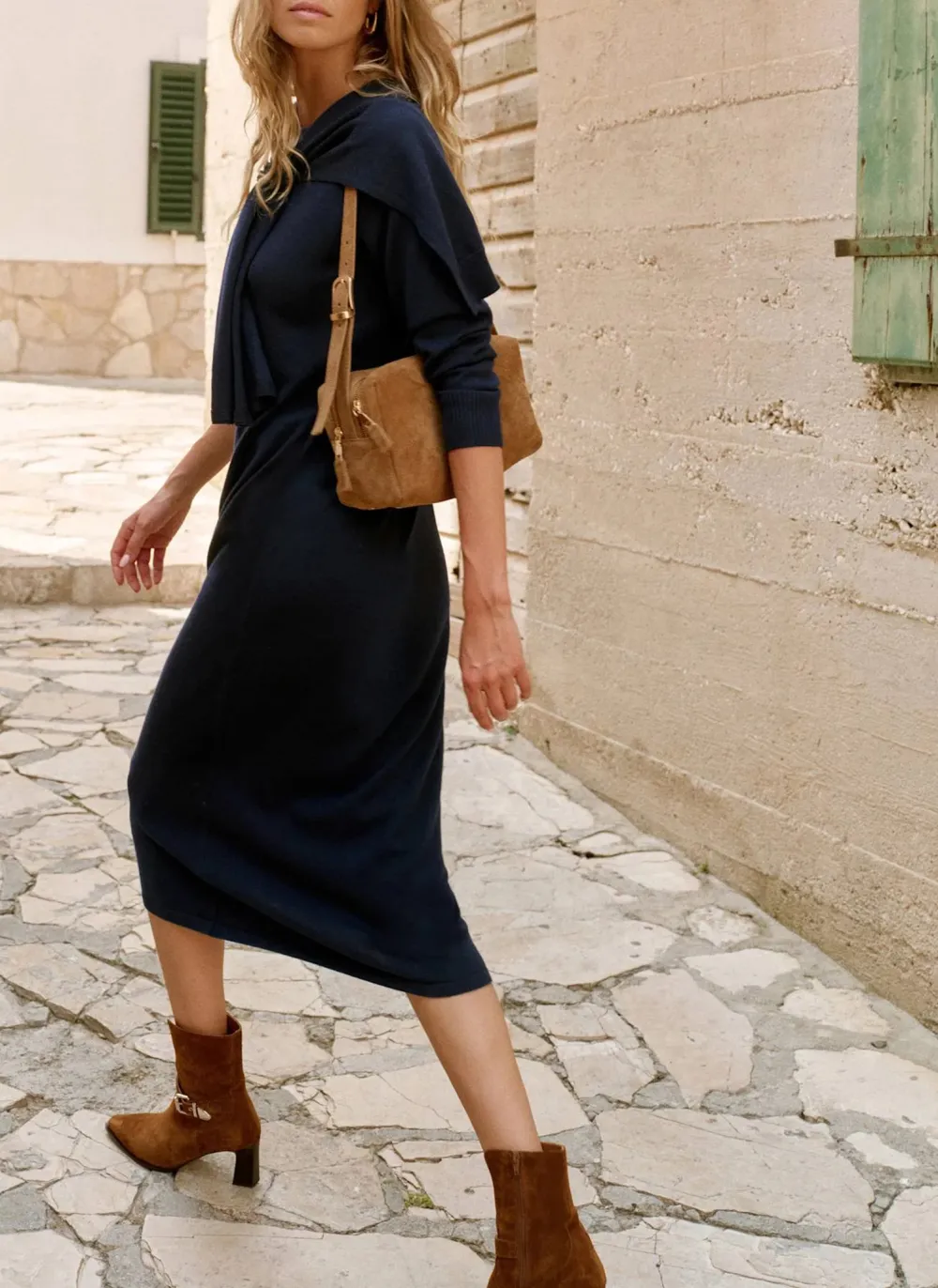 Casual Style Navy Knit Scarf Midi Dress