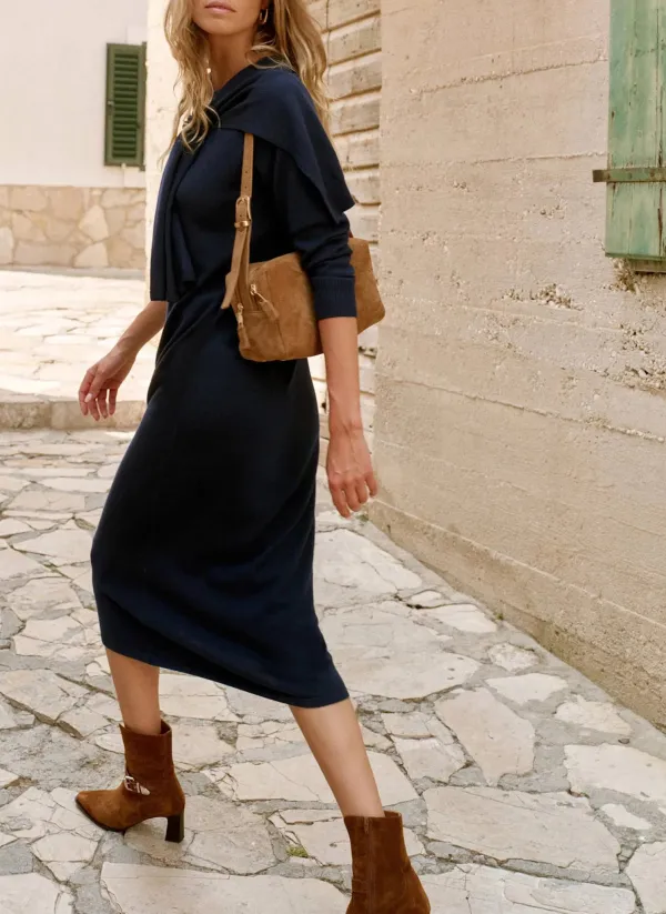 Casual Style Navy Knit Scarf Midi Dress