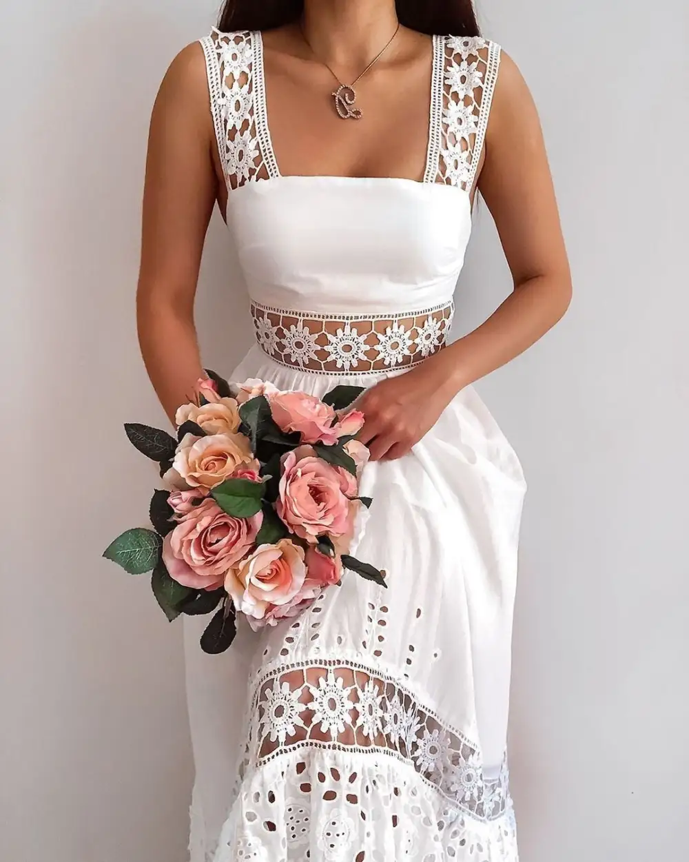 Elegant Flower Embroidered White Boho Dress