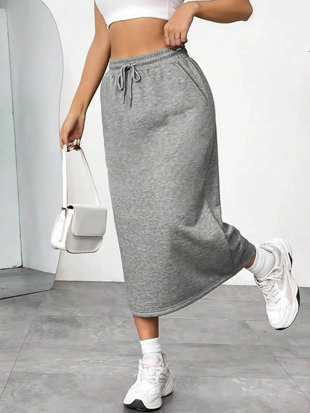 Drawstring Side Slit Midi Skirt