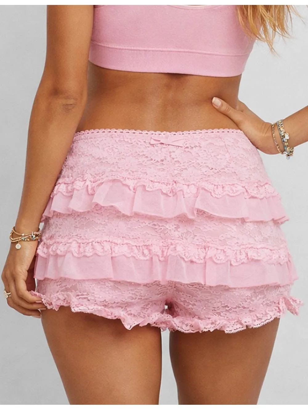 Elastic Waist Tiered Ruffle Lace Trim Shorts