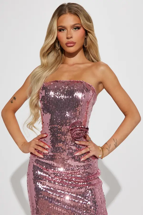 Rosette Sequin Midi Dress - Mauve