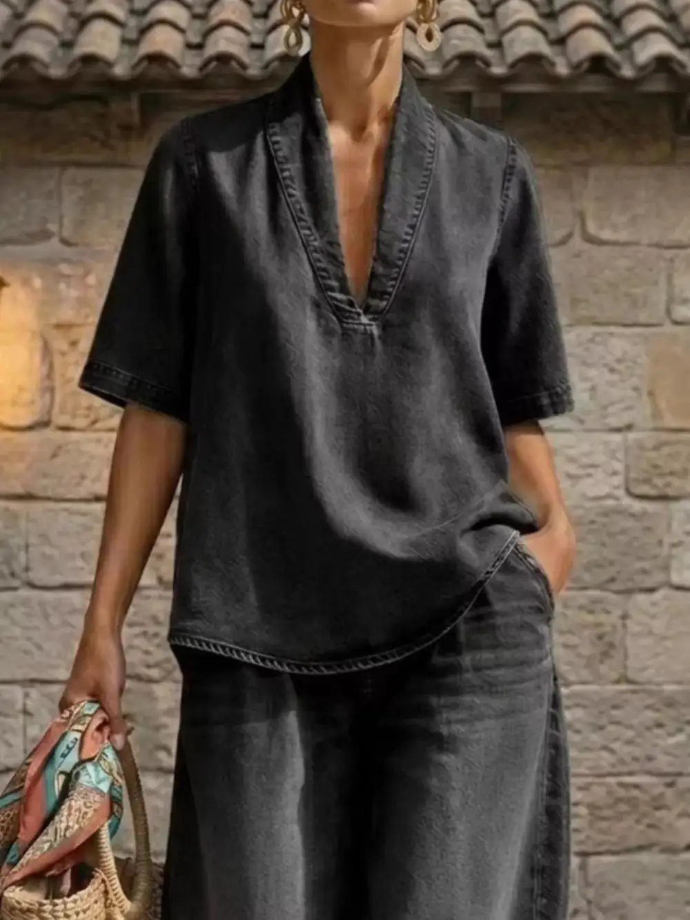 Half Sleeve Top and Wide Leg Pants Set