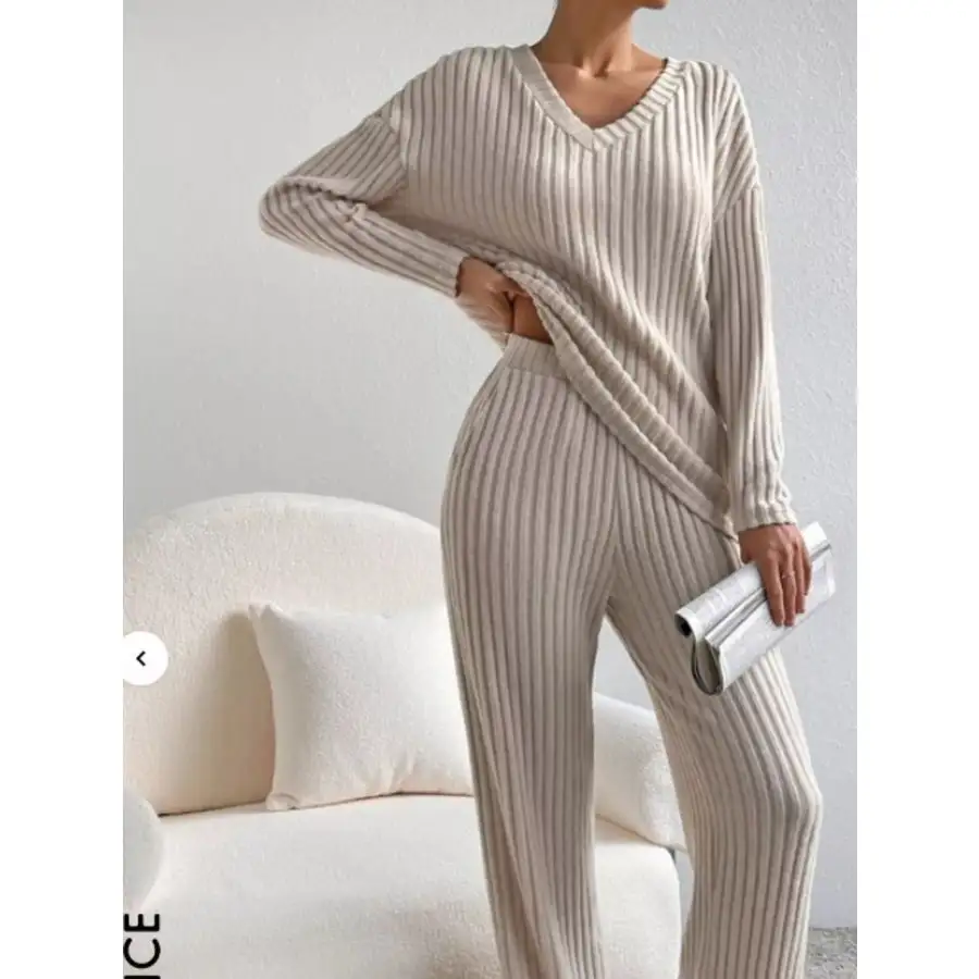 Ribbed Knit Long Sleeve Top and Pants Set