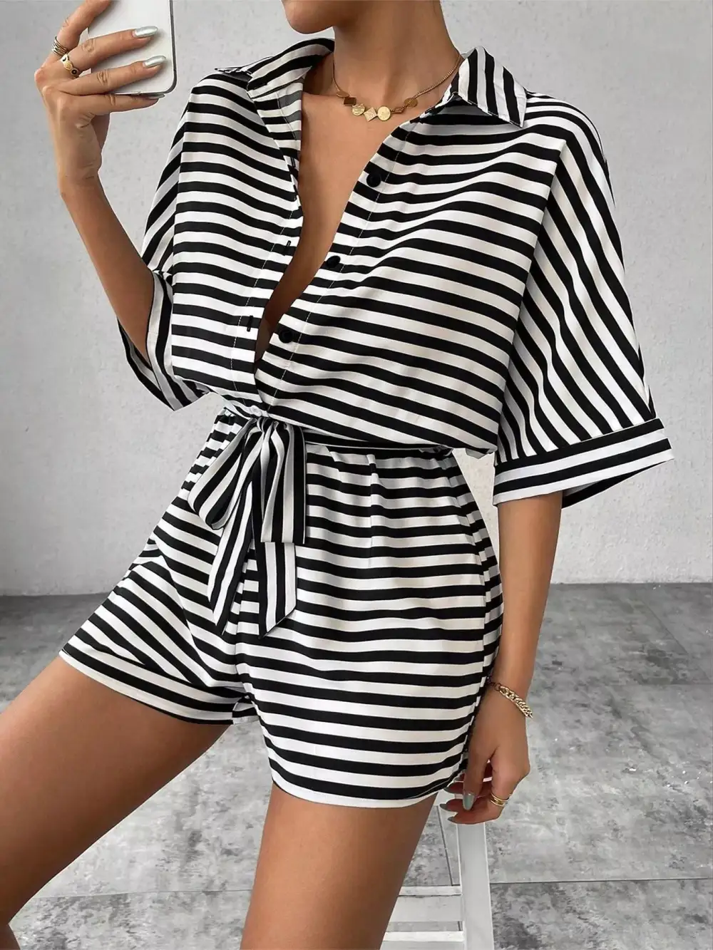 Striped Button Front Romper