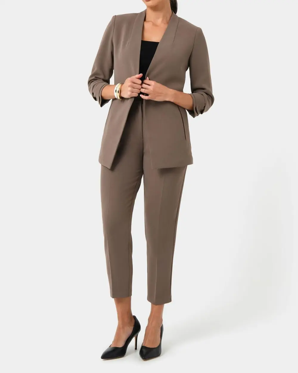 Crepe Textured Fabric Collarless Blazer -Sepia