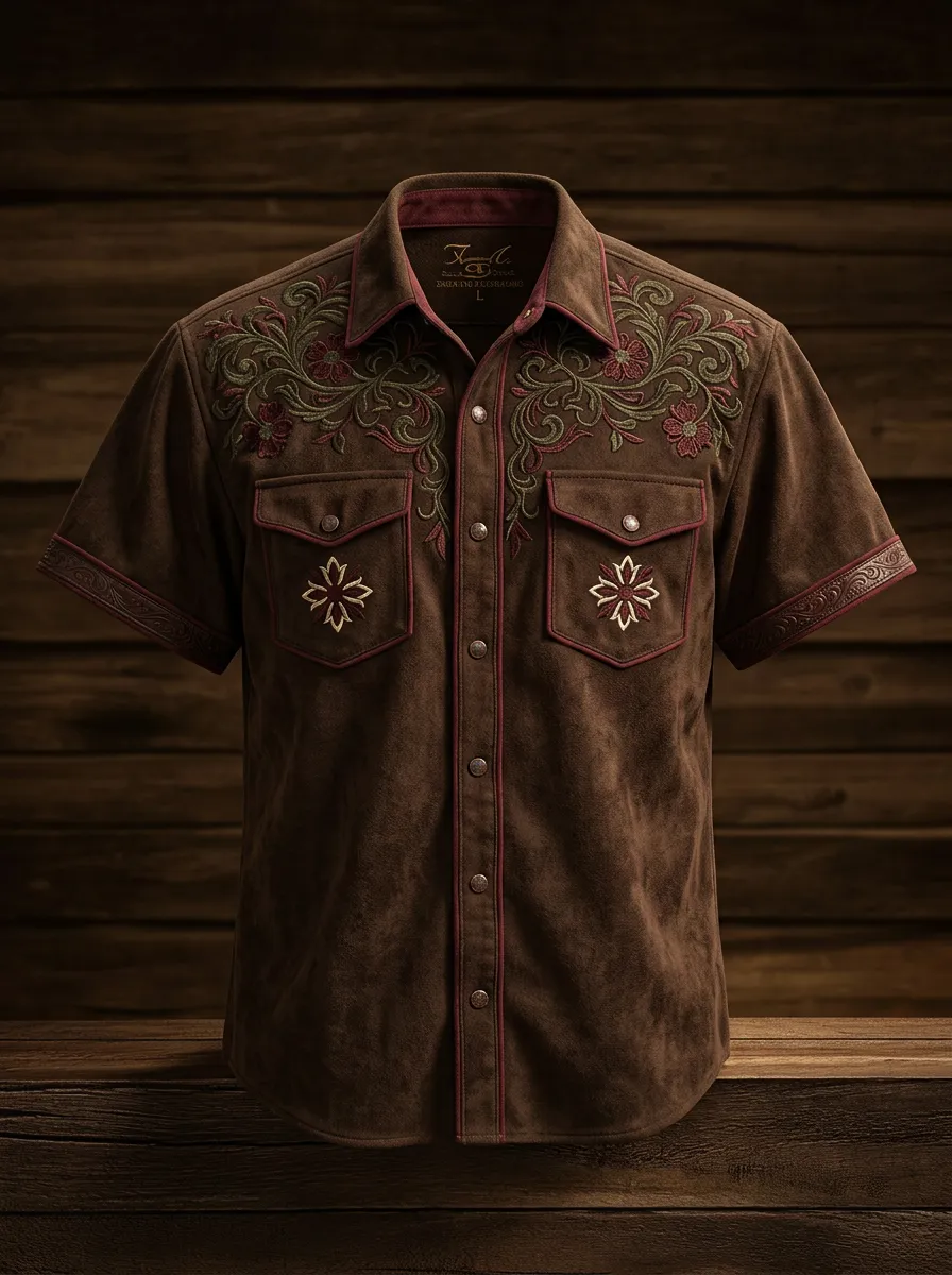 Men's Western Style Floral Embroidery Suede Printed Shirt-2
