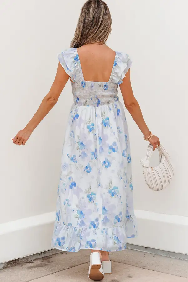 Sky Floral Smocked High Waist Double Ruffle Sleeveless Long Dress