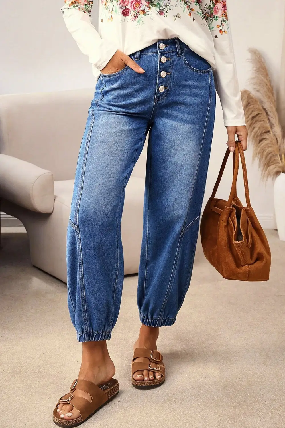 Buttons Front Tapered Casual Loose Fit Jeans
