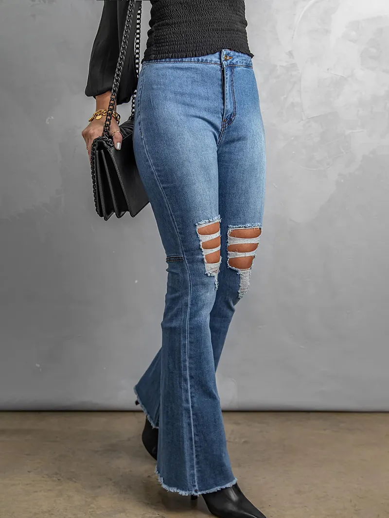 Solid color classic ripped knee jeans