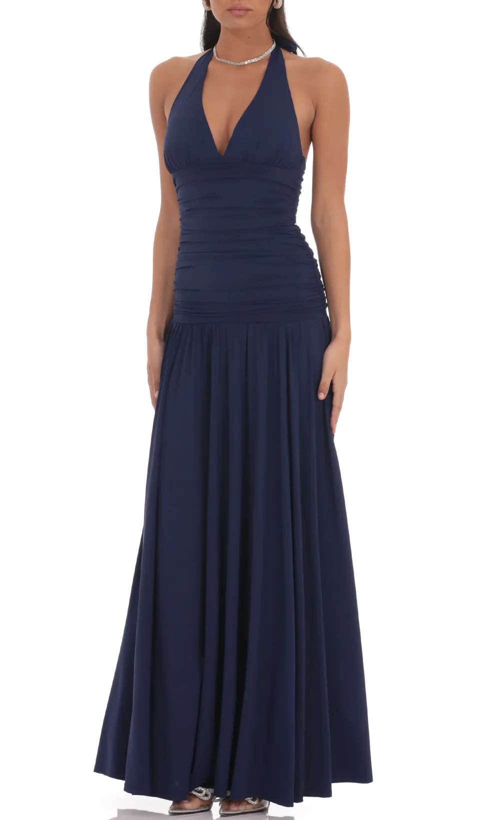 Halter Drop Waist Maxi Dress In Navy