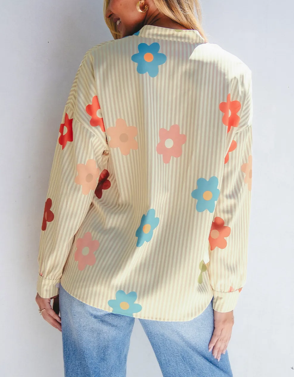 Apricot Stripe Flower Print Collared Button-Up Loose Fit Shirt