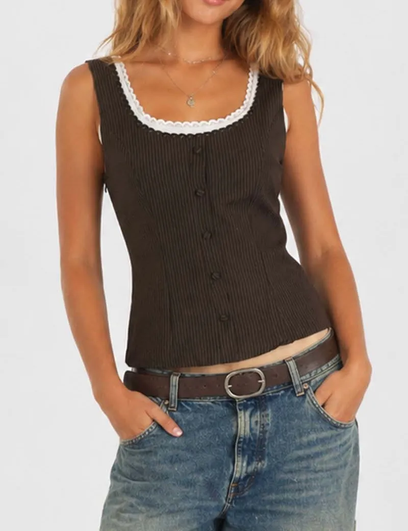 Chic Lace Trim Button Front Sleeveless Tank Top