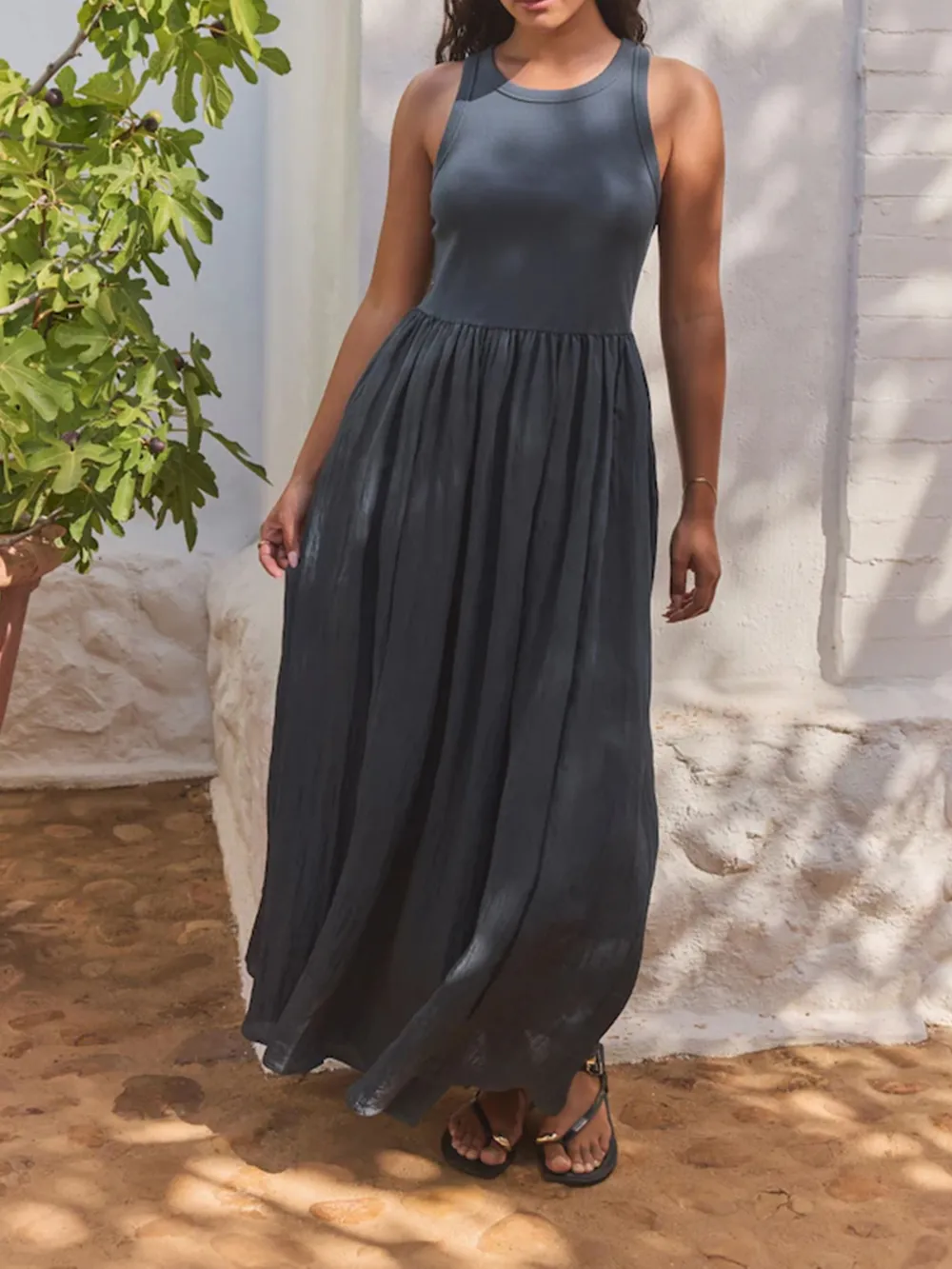 Classic Pure Color High-Waist Blended Dress