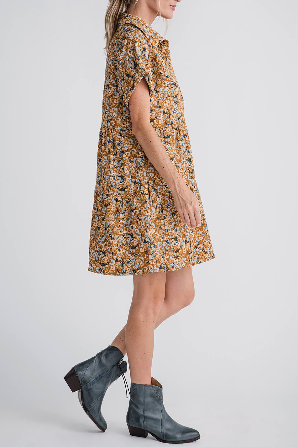 Wishlist Floral Corduroy Tiered Mini Dress - mustard combo