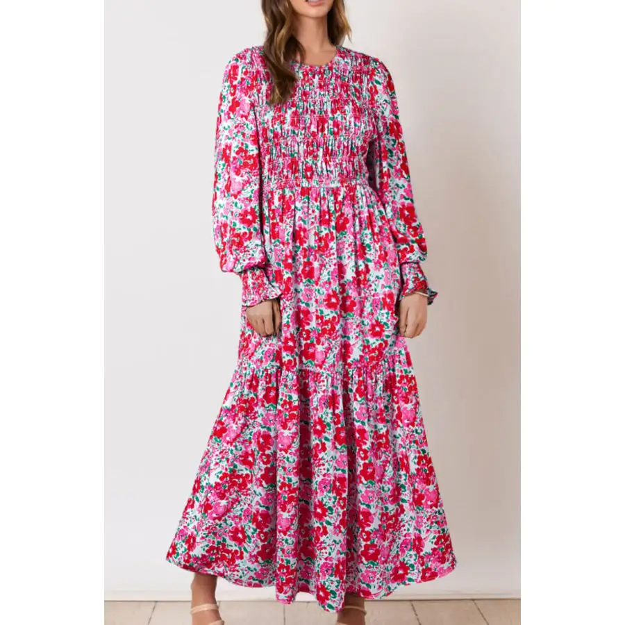 Printed Round Neck Lantern Sleeve Maxi Dress