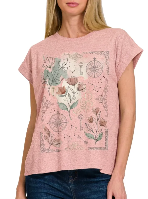 Women's Vintage Botanical Compass Key Constellation Printed T-shirt