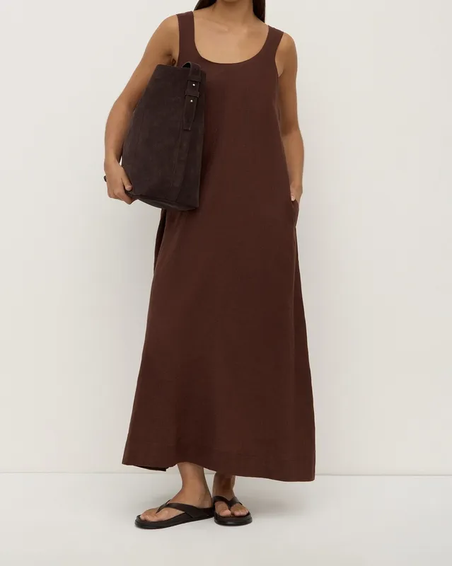 Espresso Linen A-Line Maxi Dress