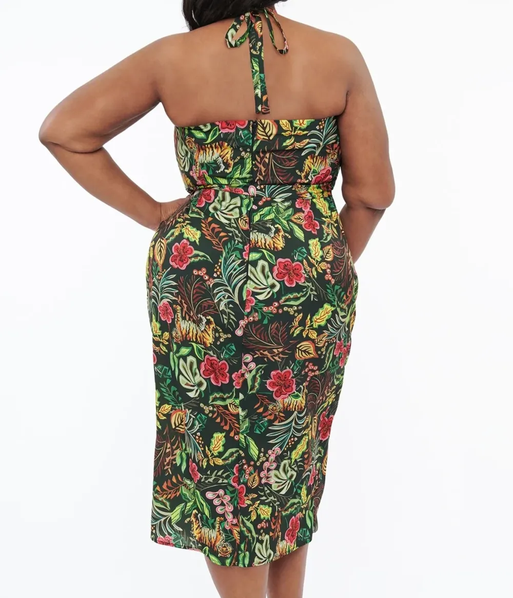 Unique Vintage Plus Size Green Jungle Cat Print Leilani Sarong Dress