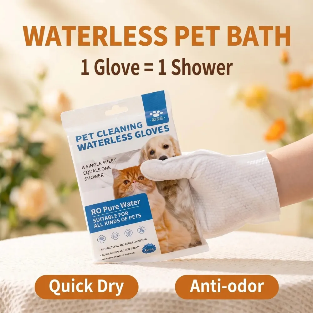 6-Piece Pet Waterless Cleaning Gloves - 3-Minute Full-Body No-Rinse Bath for Cats & Dogs, Anti-Licking Formula