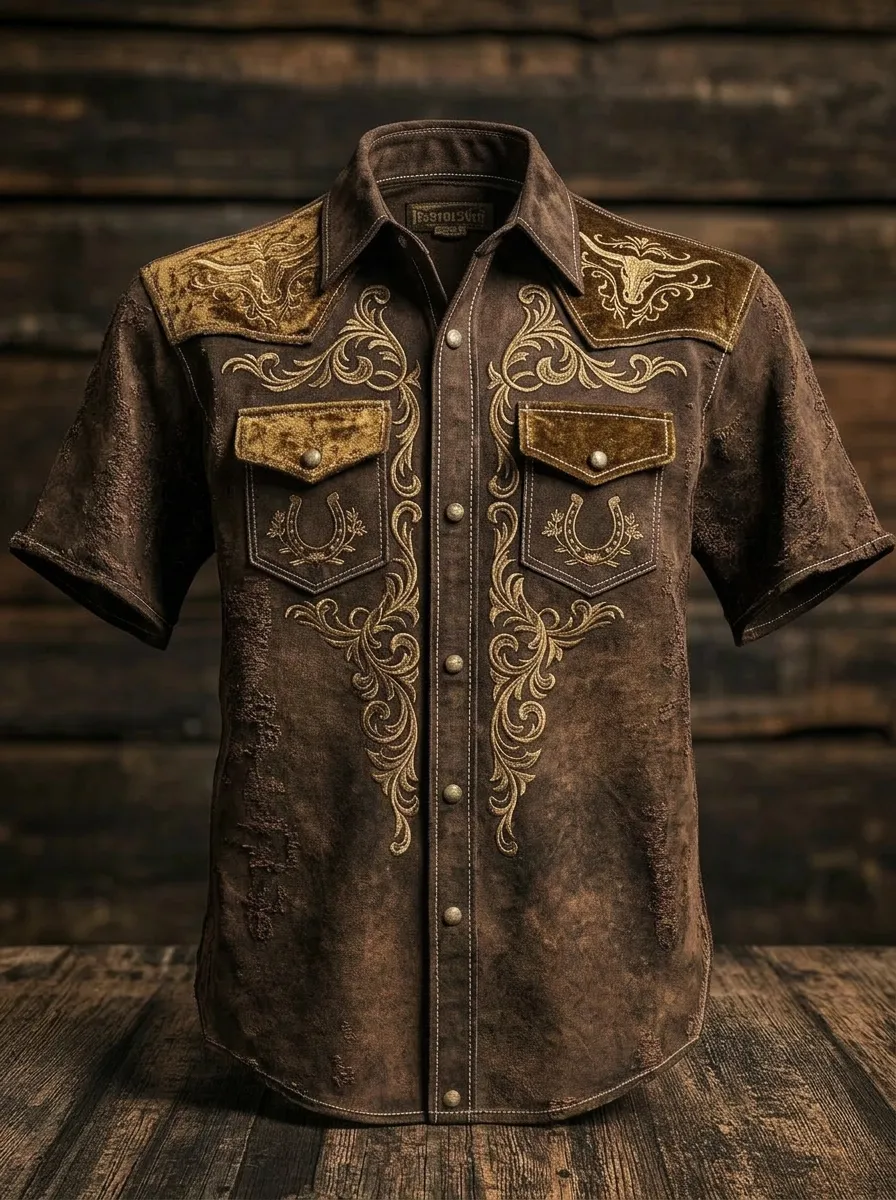 Men's Western Cowboy Bull Horseshoe Embroidered Printed Shirt