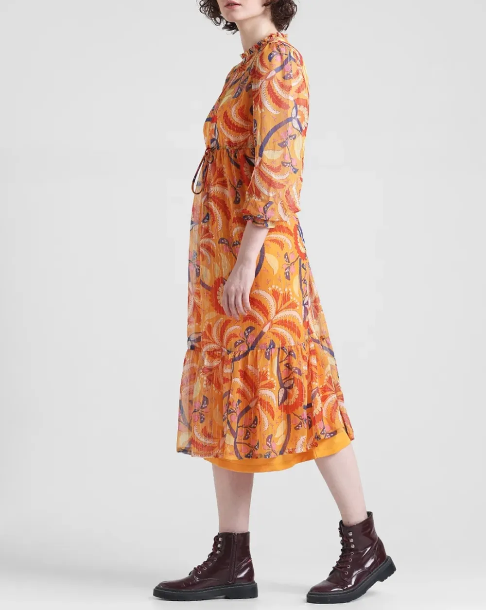 Orange Floral Print Midi Dress