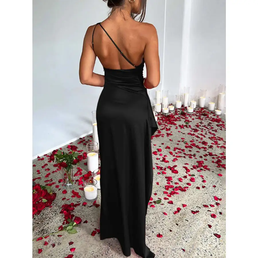 One Shoulder Satin Dress with High Slit