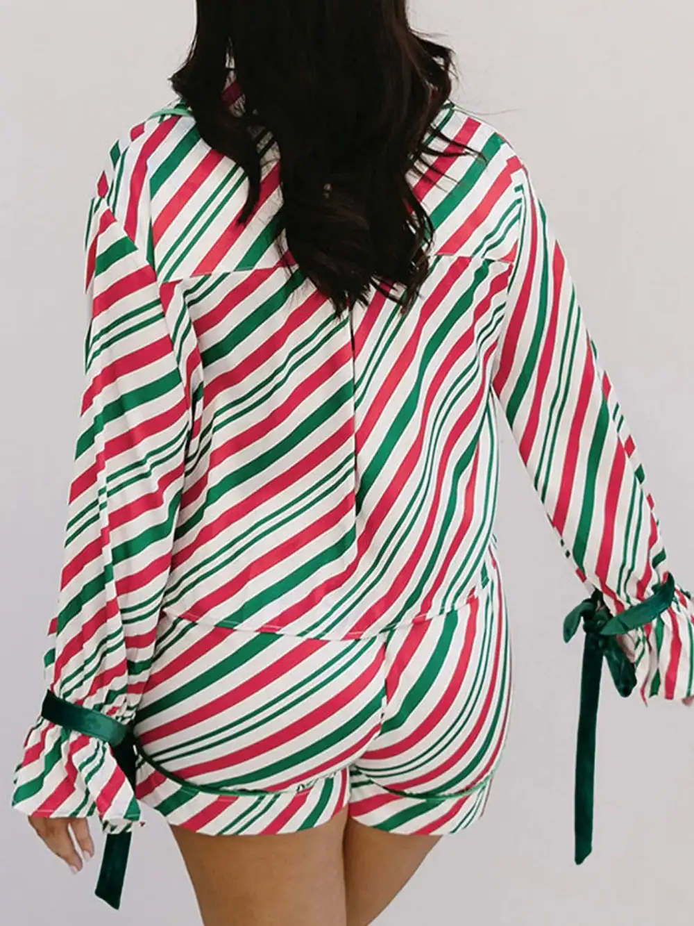 Stripe Contrast Velvet Ribbon Knot Christmas Pcs Pajama Set