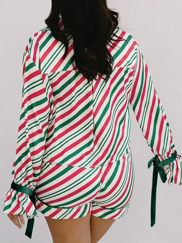 Stripe Contrast Velvet Ribbon Knot Christmas Pcs Pajama Set