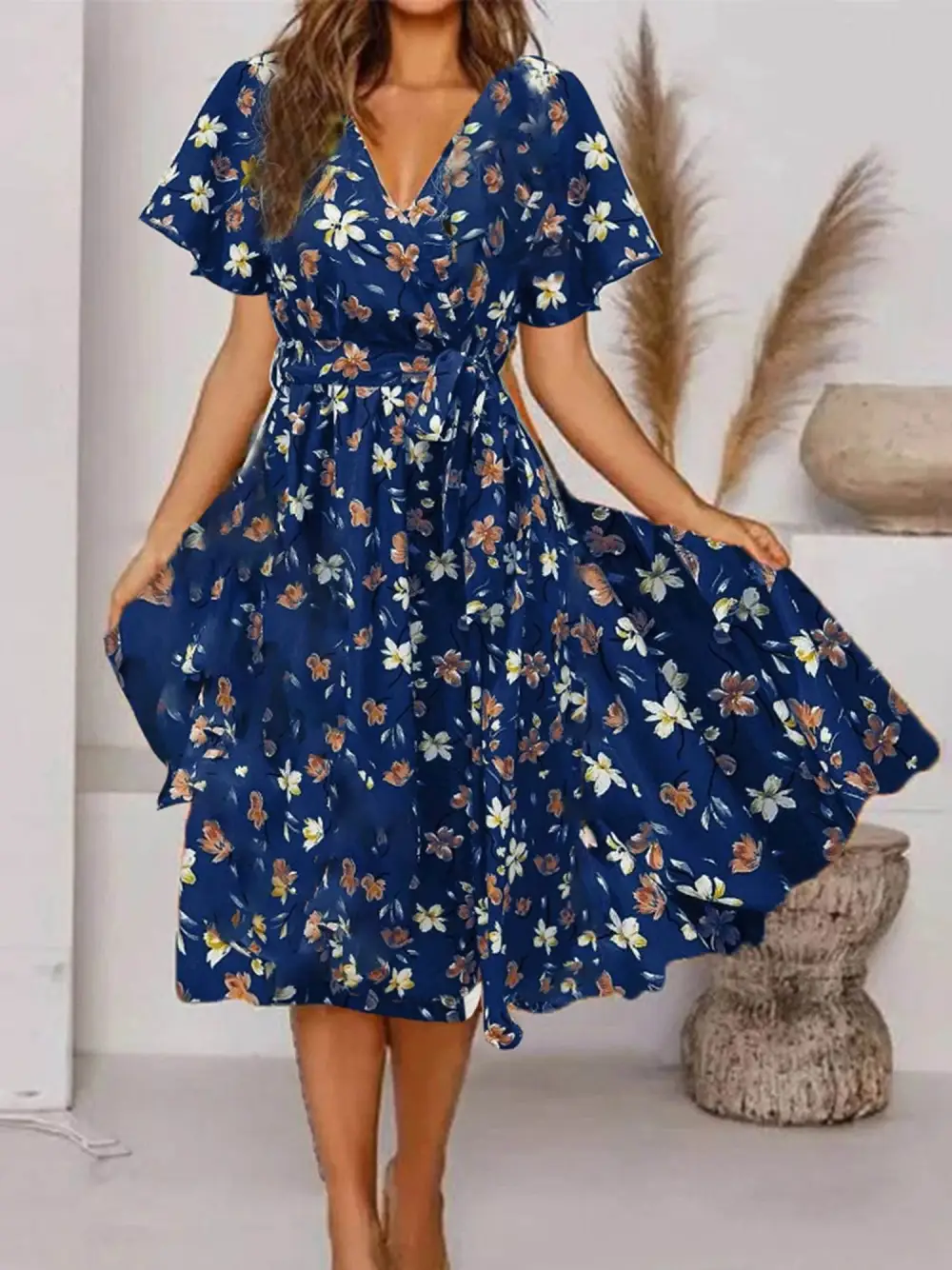 Printed Floral V Neck Midi Dress