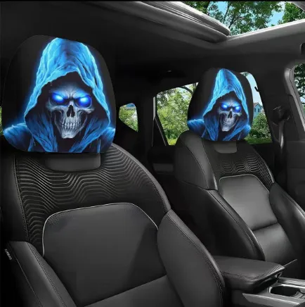 Black & White Creepy Smile Design Car Headrest Cover Stretch Universal Horror Car Dust Cover