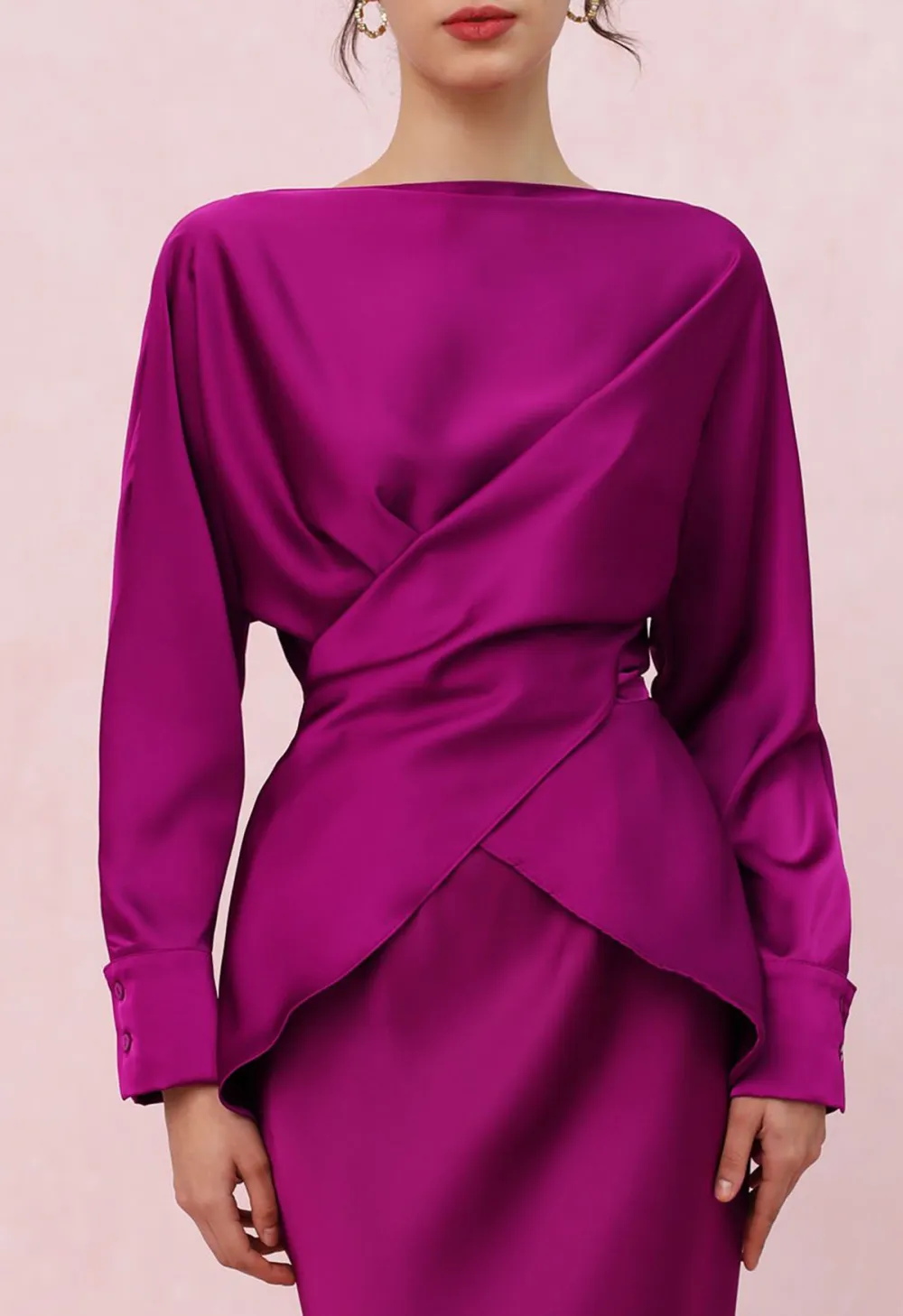 BOAT NECK CRISSCROSS WAIST SATIN TOP IN MAGENTA